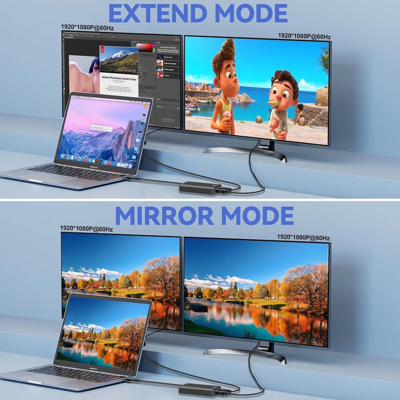 Herfair USB to HDMI Adapter [1080P Full HD] HDMI Splitter for Dual Monitors USB 3.0 to Extended Display Converter 1 in 2 Out Multiple Screen Extender for MacOS/Windows 11/10/8/7 Laptops - Image 4